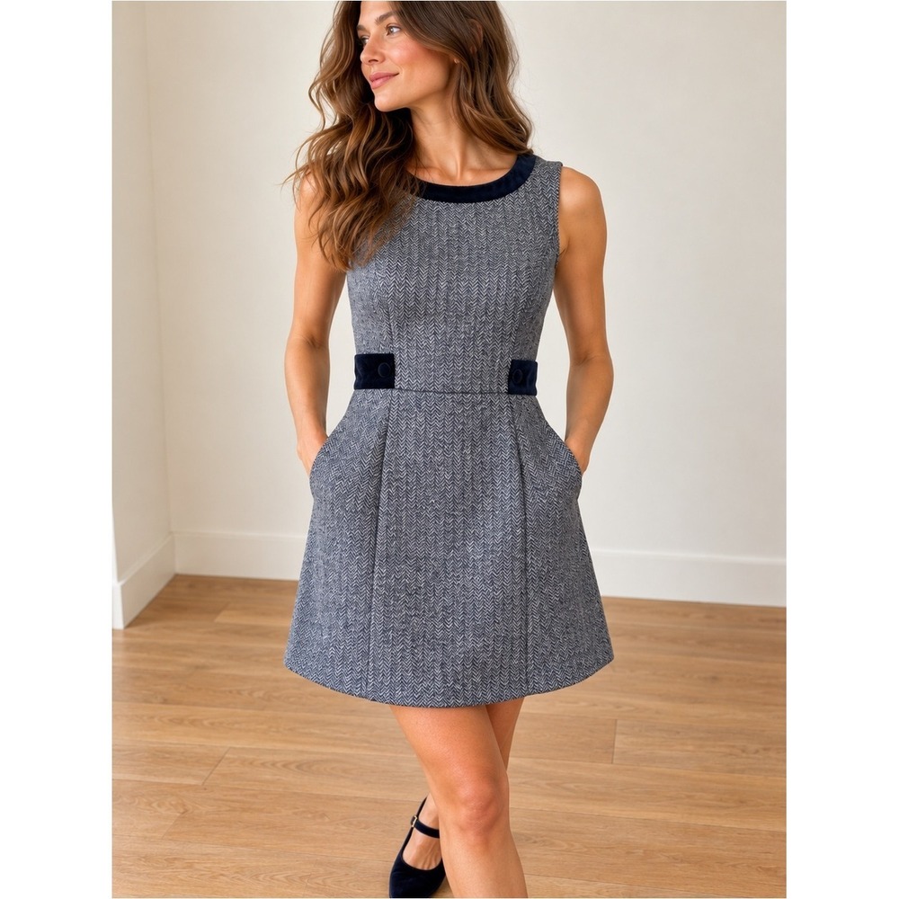 Jack Wills Wool Herringbone Tweed Fit & Flare Dress Navy Blue Velvet Trim 2